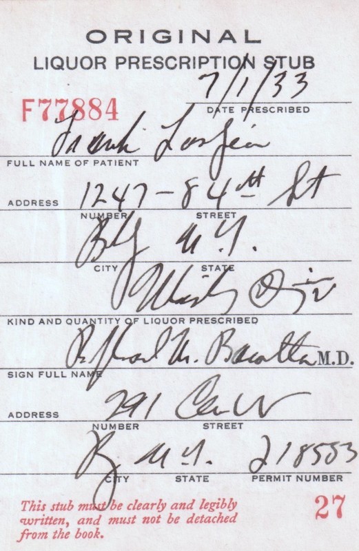 Antique 1933 Prohibition Whiskey Prescription Doctor Pharmacy Bar Brooklyn NY