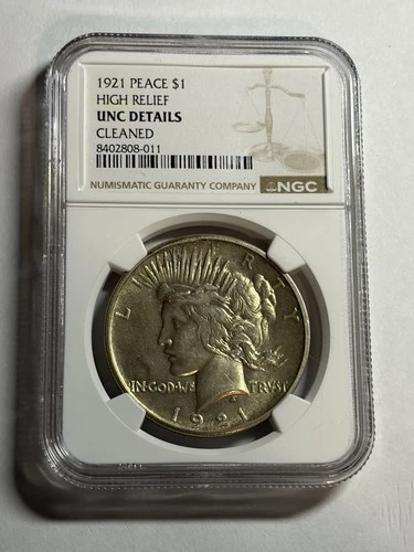 1921 High Relief $1 Silver Peace Dollar NGC UNC Details Cleaned Key Date