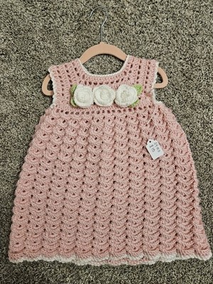 Handmade Pink & White (24mo) Crochet Baby Girl A-Line Dress, Sleeveless, Flower