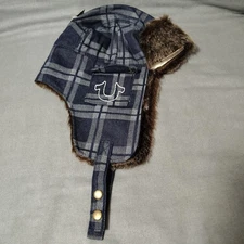 True Religion Trapper Hat - Dark Denim/Flannel - Faux Fur - Pockets/Chin Strap