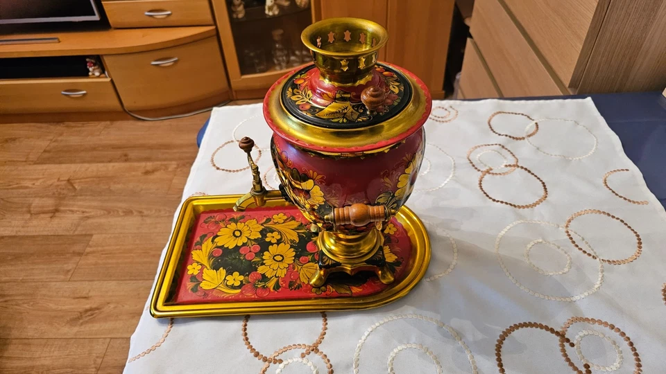 Russischer Samowar mit Tablett, Messing von 1992 elektrisch wie neu. - Bild 2 von 4