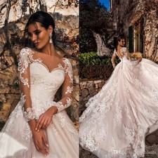 Elegant A-Line Wedding Dress Lace Sweetheart Long Sleeves Sweep Train Bride Gown