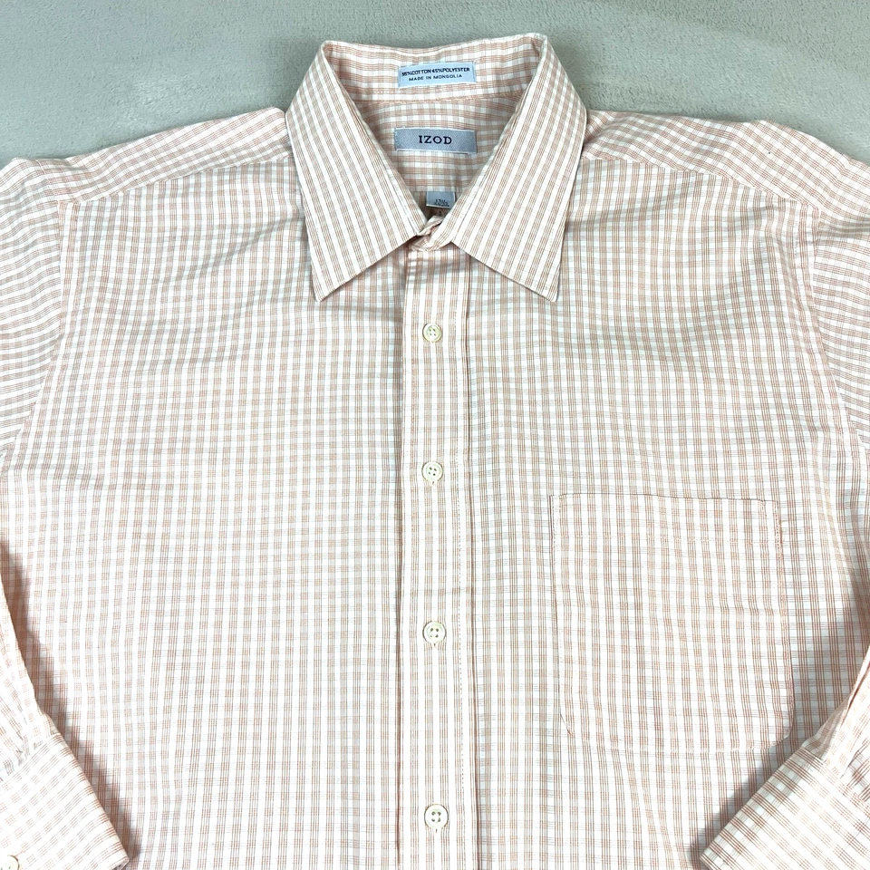 Camisa de vestir IZOD para hombre XL naranja blanca a cuadros manga larga abotonada fácil cuidado Foto 2 de 4