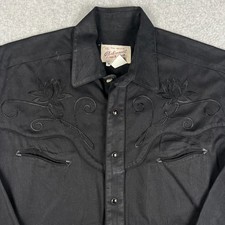 VINTAGE Rockmount Ranch Wear Pearl Snap Embroidered Floral Shirt Medium Black