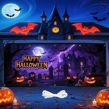 Halloween Garage Door Cover 7x16ft Large Happy Halloween Door Decorations Han...