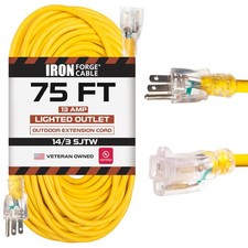 75 Ft Lighted Outdoor Extension Cord - 14/3 SJTW Heavy Duty Yellow- 3 Prong Plug