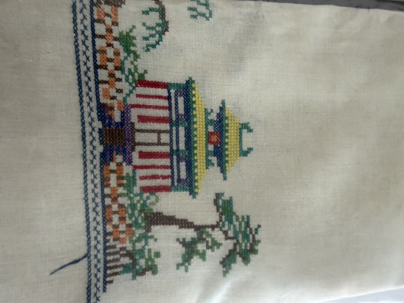 Embroidered White Linen Cross Stitch Table Runners Trio with Pagoda ...