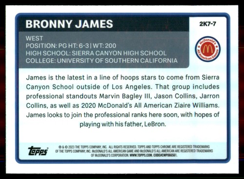 Bronny James #2K7-7 2023 Topps Chrome McDonald's All American 2007 card
