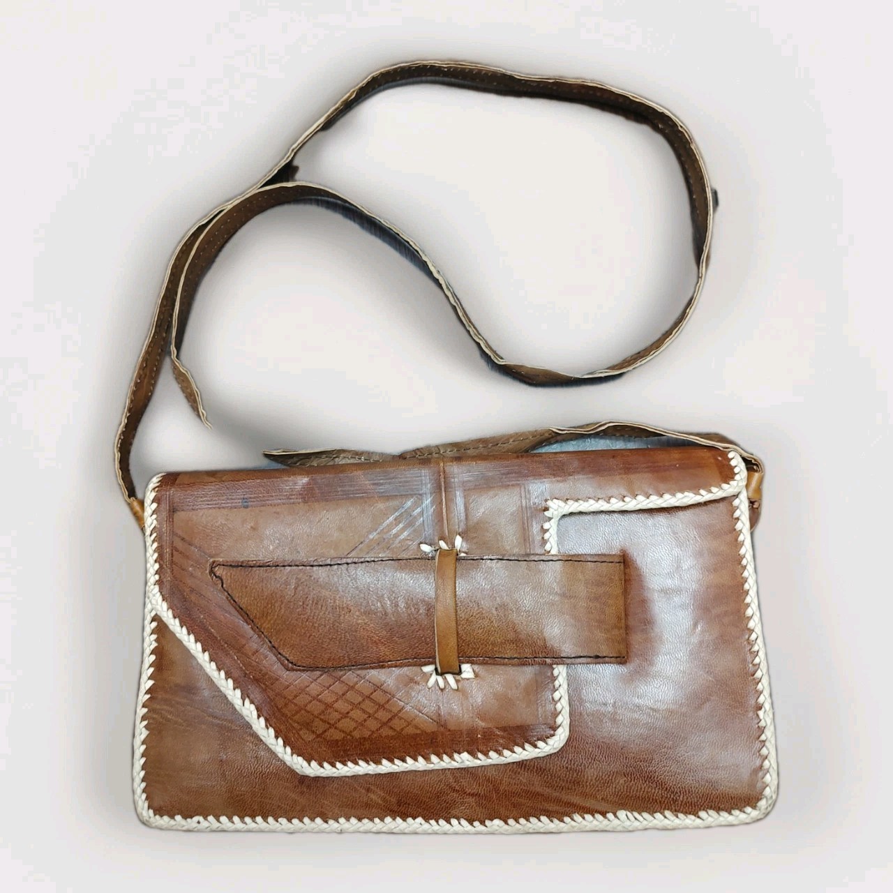 70's Handmade Leather Patchwork Clutch  African M… - image 6