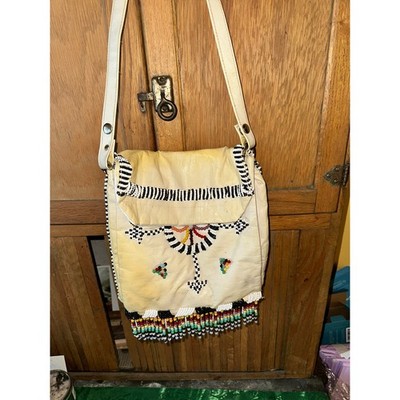 Vintage Handmade Beaded Crossbody Bag Cream Leather Fringe Boho Folk Art