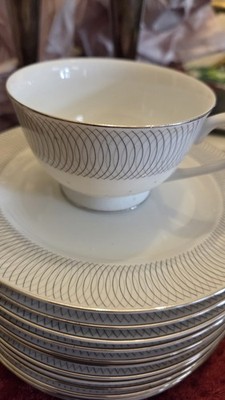 SANGO ''Ambassador '' 6 Piece Tea Cups Fine China White w Silver & Grey. Japan