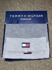 Tommy Hilfiger Hat And Scarf Set Men Women Unisex Gray Flag Patch Winter Snow