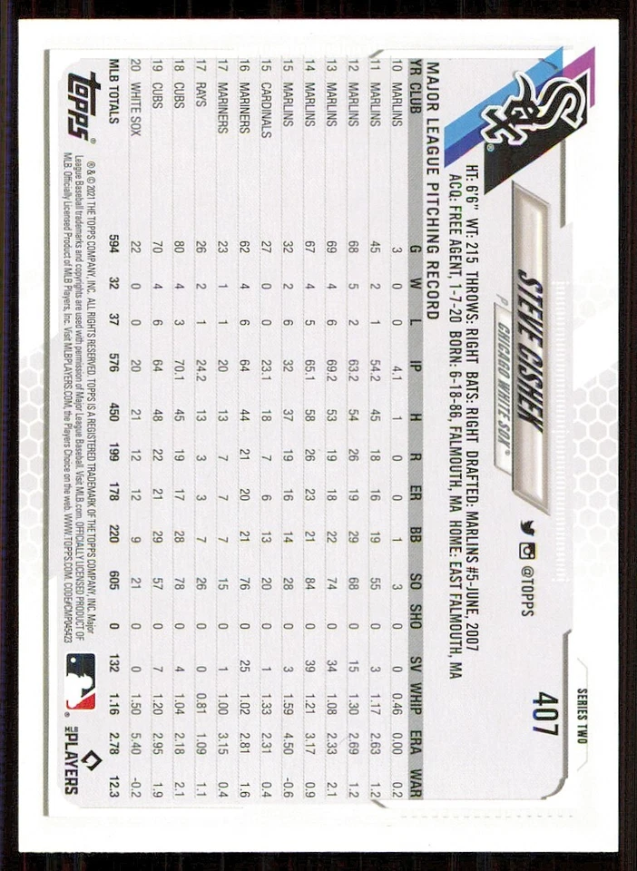 2021 Topps Rainbow Foil #407 Steve Cishek - Image 2 of 2