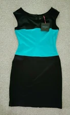 NWT Cynthia Rowley Dress Shift Sheath Colorblock Stretch Black Turquoise Med NEW