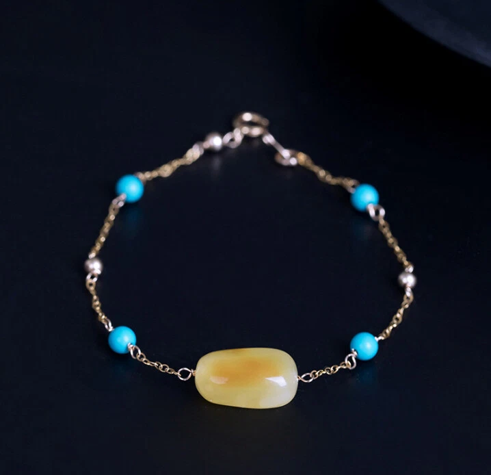 I04 Armband Sterling Silber 925 vergoldet honiggelber Bernstein und Türkisperlen - Bild 2 von 4