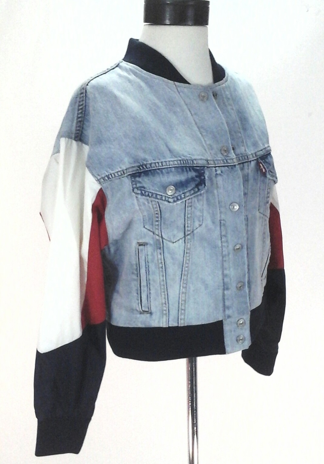 LEVI'S Premium Denim Bomber Blue/Red/White Jacket Snap Up Women's S Super RARE image 6