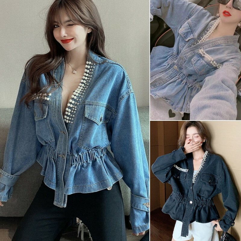 Damen Kurz Jacke Mantel Jeans Denim Rüschen Strass Perlen V-Ausschnitt Lose  Neu