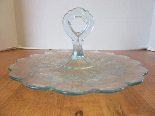 VTG. Jeanette Starlight Ice Blue Handled Feathers Serving Sandwich Platter