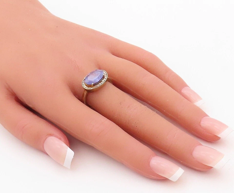 Anillo vintage de plata de ley 925 chapados en oro diamantes y tanzanita talla 8 RG30025 Foto 3 de 4