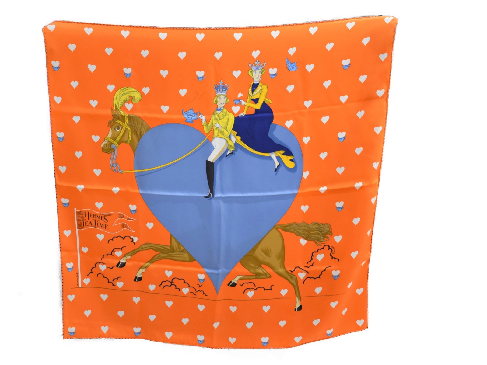 Hermes Carre 70 Orange Silk Scarf with Heart Tea Horse Design for Women