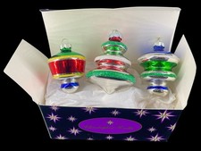 3 Christopher Radko Shiny Brite Spinning Top Christmas Ornaments 3" EX 