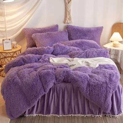 Shaggy Purple Comforter Cover Twin Set, Faux Fur Purple Girls Twin Bedding Se...