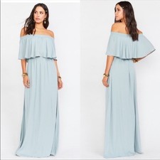 Show Me Your Mumu Hacienda maxi Dress XSMALL Blueish-Gray Off Shoulder Chiffon