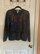Tiara International Women's M Blue Embroidered Autumn Cardigan Sweater