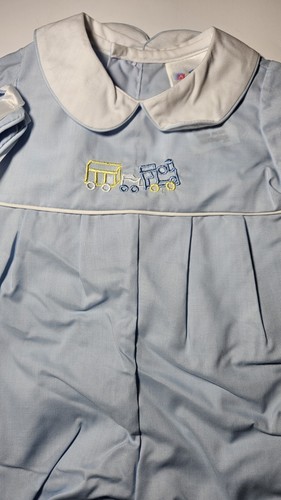 NWT Alexis Baby Boy’s Newborn 6 - 10 Lbs Blue Train Romper Bubble Collared Cap - Picture 5 of 11