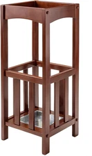 Wood Umbrella Stand With Metal Tray Entryway Foyer Mudroom Walking Cane Holder