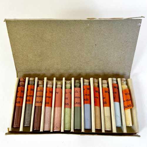 Vtg Marcella Wing Porcelain China Paint Pigments 12 Labeled Glass Vials w/ Box
