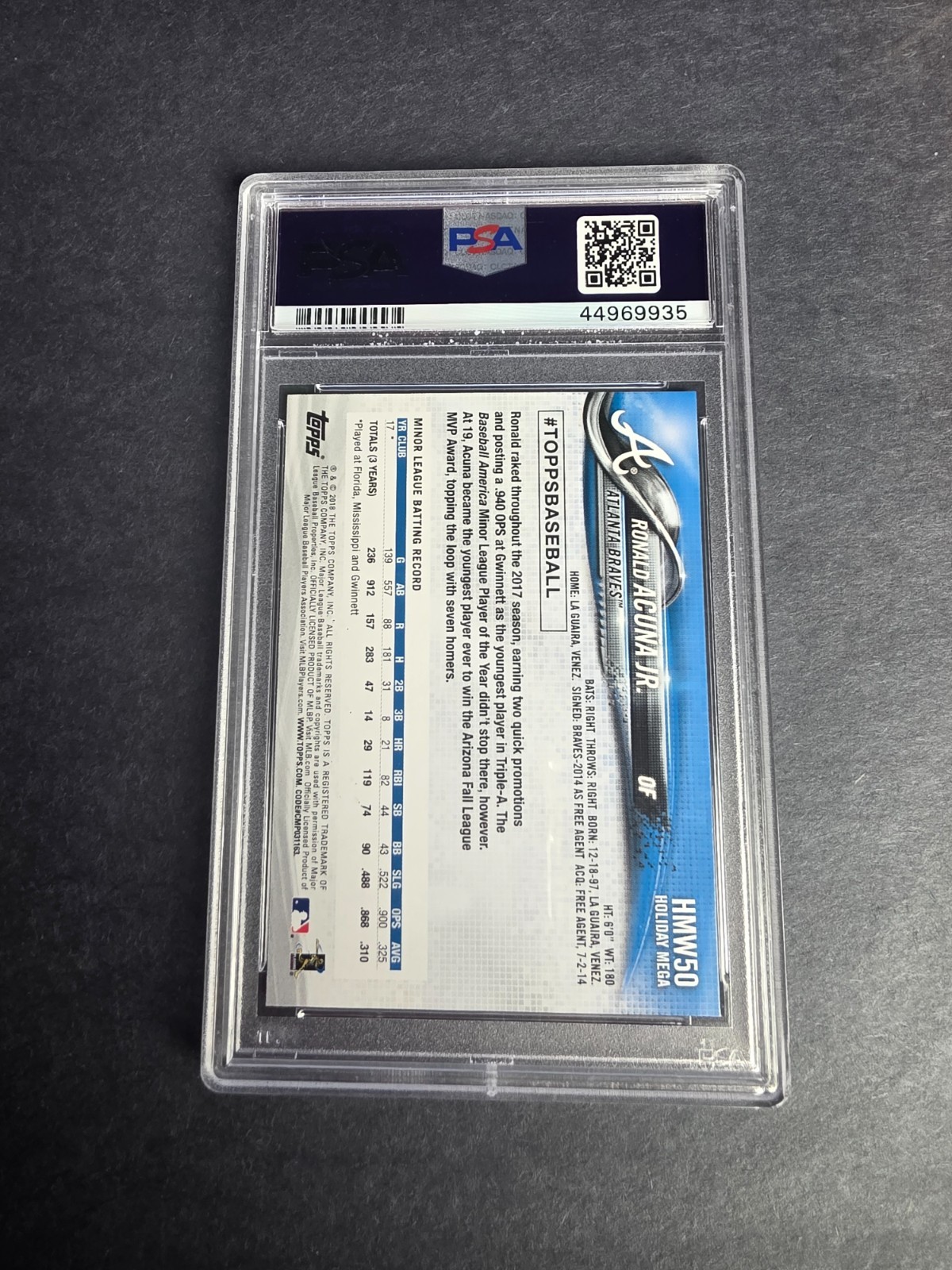 2018 Topps Holiday RONALD ACUNA JR #50 (RC) PSA GEM MINT 10 view 2