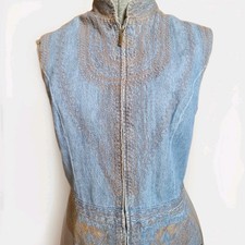 Vintage Denim Zip Mock Neck Vest Sleeveless Sz M Embroidered Western