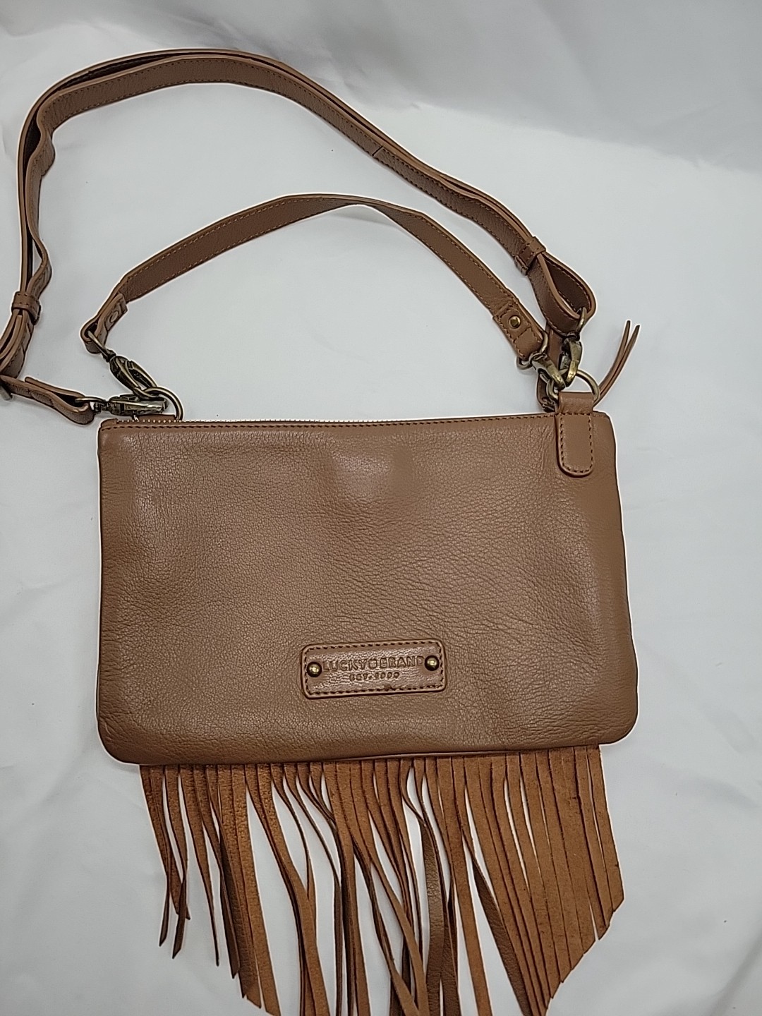 Lucky Brand Purse Cross Body Fringed Brown Leather Bag With Two Handles