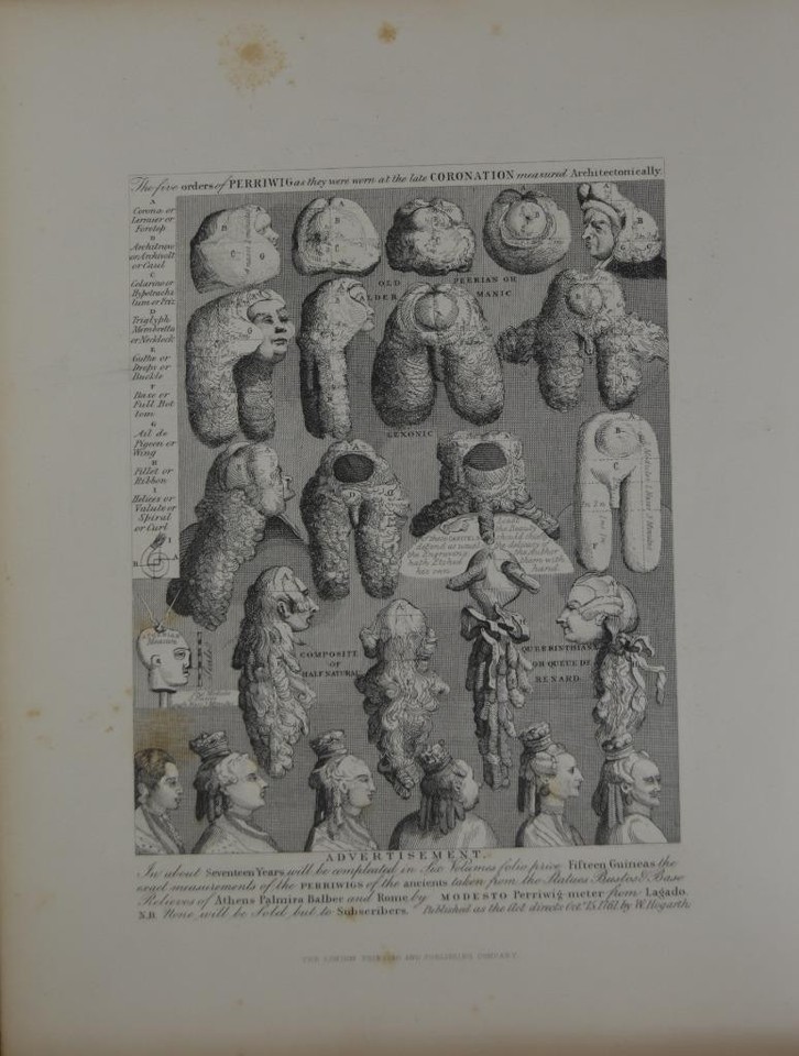 An actual 1850 William Hogarth engraving of a bizarre wig advertisement — genuinely weird, frameable, and conversation-starting wall art with 170+ years of history.