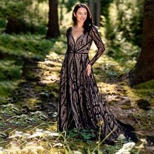 Deep V Black Lace Wedding Dress Long Sleeves Custom Backless High Slit A Line