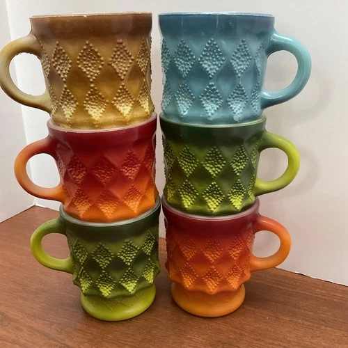 6 Anchor Hocking Fire-King Kimberly Diamond Multi Color Coffee Cups Mugs 🔥