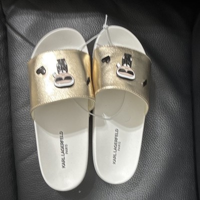 Karl Lagerfeld Paris White/Gold Logo Slide Sandals Slip-On Slip Resistant US 8