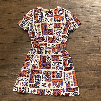 VTG Retro Irish Moygashel Orange Off White Linen Zip Mini Dress Womens  Small