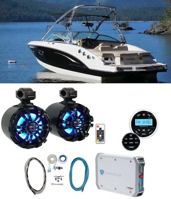 2 Rockville WB65KLED Black 6.5'' LED Marine Wakeboard Speakers+Amp+Gauge Receiver