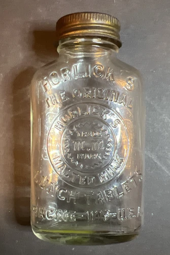 Horlick's Malted Milk Lunch Tablets vintage glass bottle Hazel Atlas 5" EXC