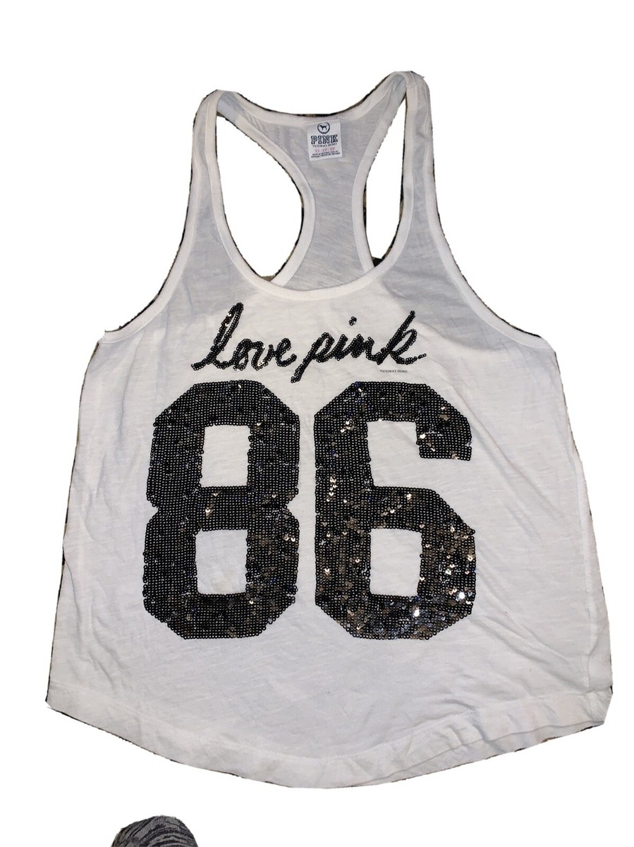 💗EUC Victorias Secret Cursive Love PINK Sequin Logo Tank Top XS