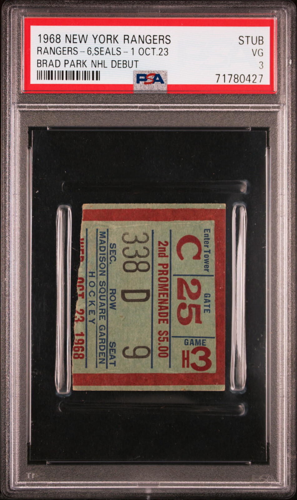 Brad Park NHL Debut Ticket Stub PSA 1968 New York Rangers Oakland Seals