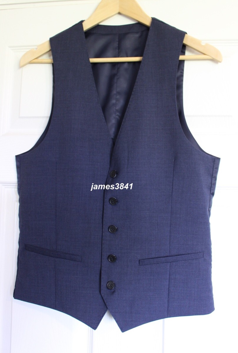 DKNY Mens Navy 3-PC 100% Wool Slim Fit Suit Jacket Waistcoat 38 