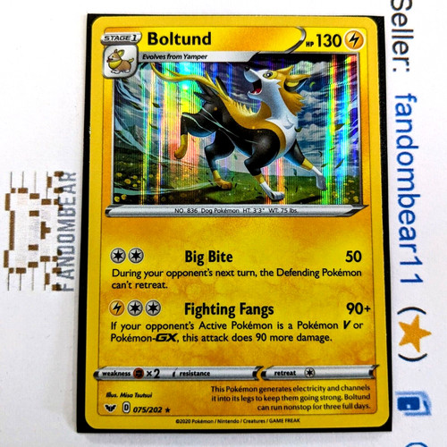 Boltund HOLO RARE card 075/202 Sword & Shield Base Set 2020 Pokemon TCG NM/LP