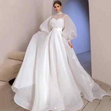 Elegant High Neck Lace Wedding Dresses Long Sleeves Puff Sleeves A-line Gowns