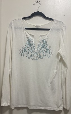Athleta White Green Embroidered Floral Round V Neck Stretch Top Sz L