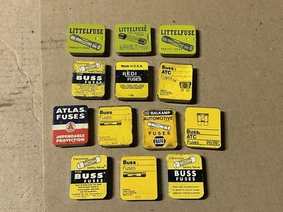 Vintage Lot 13 USA Brand Auto Fuse Littlefuse Buss Advertising Tin Boxes -V06