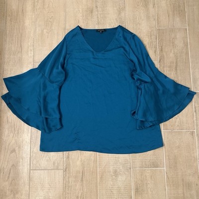 Ellen Weaver Flare Sleeve Blouse Top Blue Womens 1X