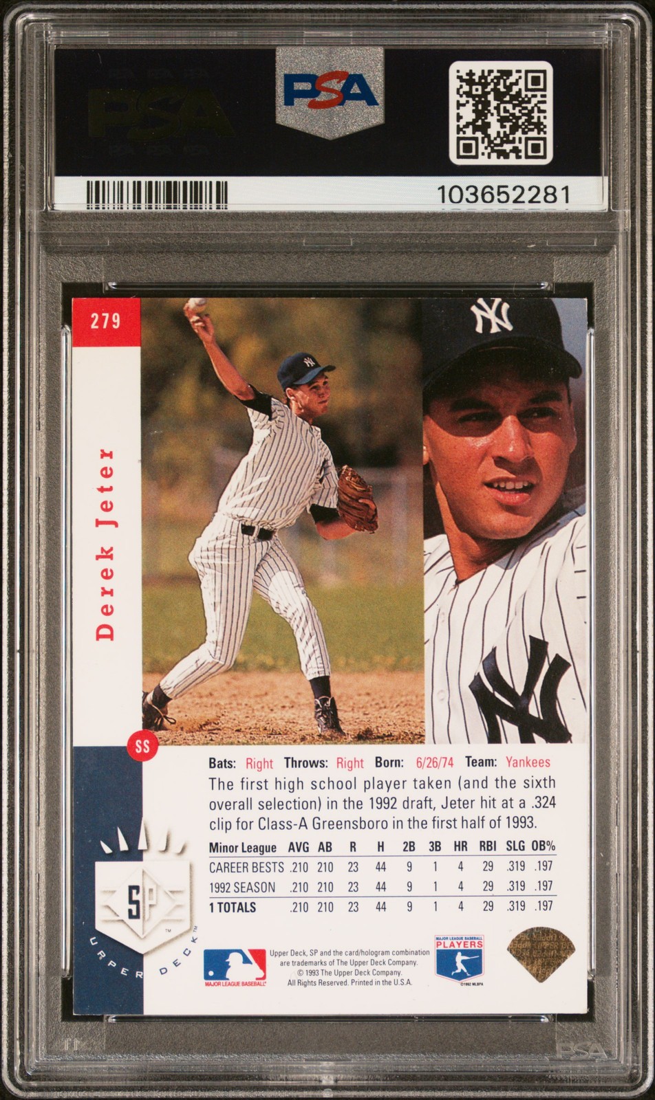 1993 SP FOIL #279 DEREK JETER ROOKIE RC PSA 6 view 2
